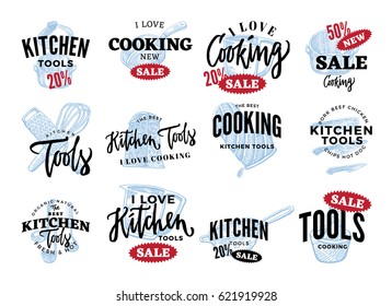 Kitchen equipment sale logos set with black inscriptions and sketch utensils isolated vector illustration 