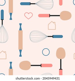 Kitchen equipment seamless pattern pastry tools whisk spatula rolling pin cookie molds baking cooking pastry art pastel colors cooking tools