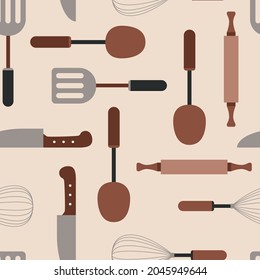 Kitchen equipment seamless pattern with whisk spatula rolling pin knife spoon barbecue restaurant cafe cooking art of cooking cooking tools.

