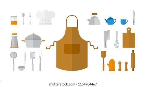 Kitchen equipment set. Collection of kitchen tools. Pot, pan, fork and other kitchenware. Isolated flat vector illustration