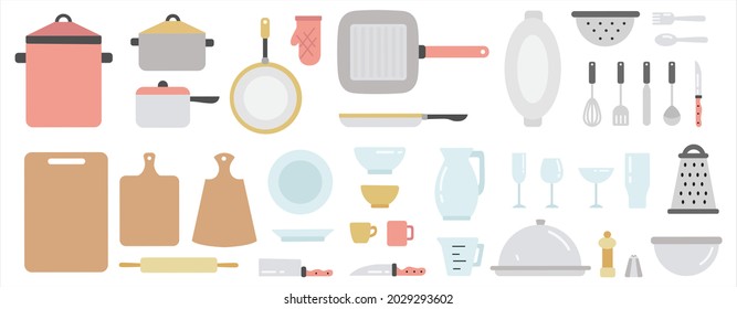 Kitchen equipment set. Collection of kitchen tools and dish. Household or restaurant cutlery. Pot, pan, fork and other kitchenware. Isolated flat vector illustration