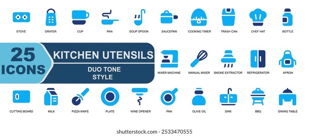 kitchen equipment set icon.duo tone style.pizza knife,plate,bottle opener,wine opener,pan,oil,olive oil,cup,cooking,pan,soup spoon,saucepan.
