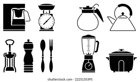 Kitchen equipment silhouette icons set monochrome vector