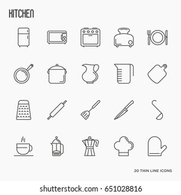 Kitchen equipment and tableware thin line icons set. Vector illustration for cooking recipes, menu, shop, web site, app. 