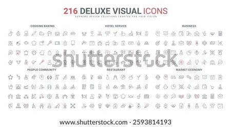 Kitchen equipment and tool to cook, bake, community and society, market economy line icon set. Accommodation and hotel service, business process thin black and red outline symbol vector illustration