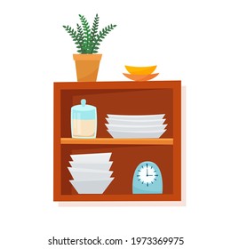 Kitchen equipment and tools on shelf. Flat style vector illustration. 