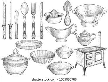 Kitchen equipment  utensil collection illustration  drawing  engraving  ink  line art  vector
