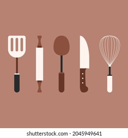 Kitchen equipment vector set whisk spatula rolling pin knife spoon barbecue restaurant cafe cooking art of cooking cooking tools