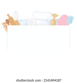 Kitchen equipment white banner, design with chef hat, whisk, spatula, oven gloves, rolling pin, dish, fork , spoon,  measuring cup, and pastry bag