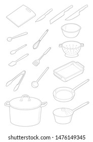 Kitchen Equipments: pots, pans, spoons, knife etc