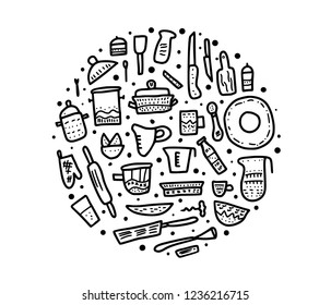 Kitchen equipments set in doodle style. Vector circle composition of  of kitchen dishes and tools objects isolated on white background.