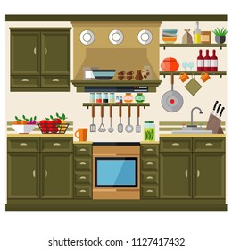 The kitchen is equipped with green cabinets, a stove and kitchenware. Vector illustration.