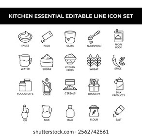 Kitchen Essential Icon Set featuring editable line icons of cooking tools, utensils, and appliances. Ideal for recipe blogs, cooking apps, kitchen branding, and culinary marketing designs.