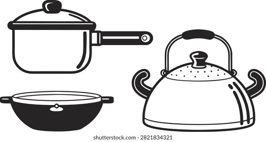 Kitchen essentials collection featuring a cooking pot teakettle and stir fry wok
