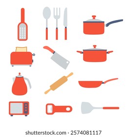 Kitchen essentials flat vector illustration set features various kitchen utensils and cooking essentials in a flat illustration style. The set includes icons such as a pot, spatula, and knife