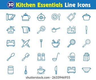 Kitchen Essentials Icons : 30 Simple Black Line Art for Cooking, Recipe Apps, and UI Design