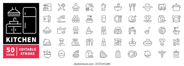 Kitchen essentials icons set. editable line, cooking, culinary tools collection