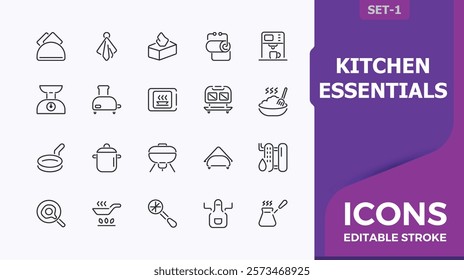 Kitchen Essentials linear icon collection. It contains symbols to tool, cup, spatula, culinary, tools, cook, food and more. Minimal linear icons. Editable stroke. Vector illustration.