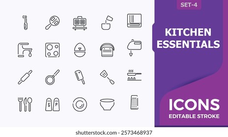 Kitchen Essentials linear icon collection. It contains symbols to tool, cup, spatula, culinary, tools, cook, food and more. Minimal linear icons. Editable stroke. Vector illustration.