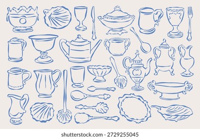 Kitchen essentials sketch style doodle collection. Art for postcards, menu, print posters, packaging design.