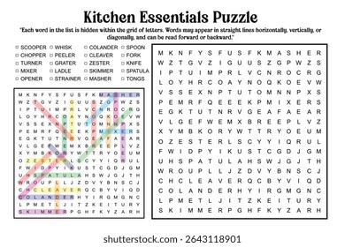 A kitchen essentials word search puzzle, with kitchen tools listed and words highlighted in the letter grid.