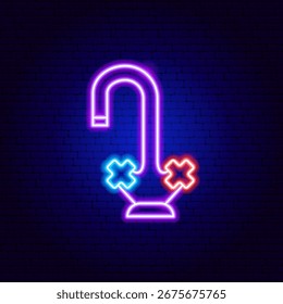 Kitchen Faucet Neon Sign. Vector Illustration of Bright Plumber Object in Glowing Style. Bath Led Lamp Icon over Dark Blue Brick Background. 