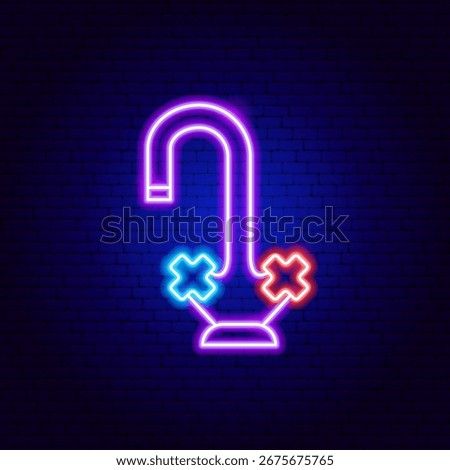 Kitchen Faucet Neon Sign. Vector Illustration of Bright Plumber Object in Glowing Style. Bath Led Lamp Icon over Dark Blue Brick Background. 