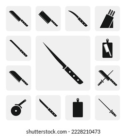 Icono de la web llana con cuchillo de cocina. Simple silueta de señas con cuchillo de filete. Diseño vectorial de icono negro sólido con cuchillo de filete. Piloto de dibujos animados filet. Juego de iconos de utensilios de cocina. Icono de herramientas de cocina