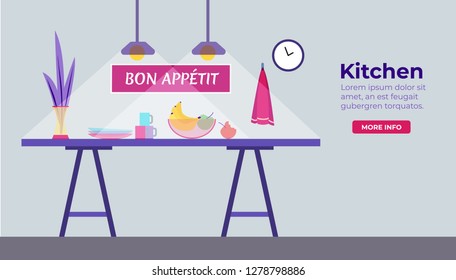 Kitchen in flat design with fruits cup clocks on th the wall, towel, vase with plant. Bon appetit on the wall. Light from the light bulb in day. Flat design style vector illustration 