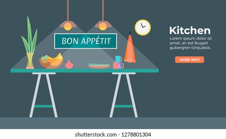 Kitchen in flat design with fruits, cup, clocks on th the wall, towel, vase with plant. Bon appetit on the wall. Light from the light bulb  in dark. Flat design style vector illustration 