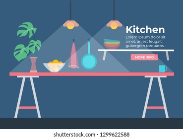 Kitchen in flat design with fruits, cup, towel, vase with plan, frying pen. Light from the light bulb in dark. Flat design style vector illustration