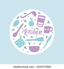 Kitchen flat hand drawn color illustration. Fruits, utensils, tools clipart. Cooking set sketch round composition. Isolated modern style items