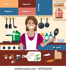Kitchen flat icon creative concept illustration, housewife with kitchen utensils, knife, pan, for posters and banners