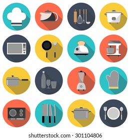 kitchen flat icon set vector illustration design with long shadow isolated on white background. for web and mobile application