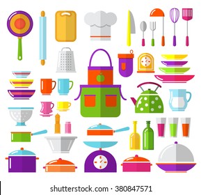 Kitchen flat icons. Ware, apron, cap cook, pan, frying pan, scales, serving spoon, knives, coffee, vinegar, salt, teapot,jug milk. Subjects for flat design kitchen