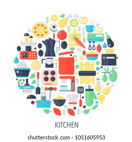 Kitchen flat infographics icons in circle - color concept illustration for Kitchen cover, emblem, template.