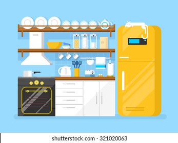 Kitchen flat style. Furniture and refrigerator, toaster and plate, hood and pan, flat vector illustration