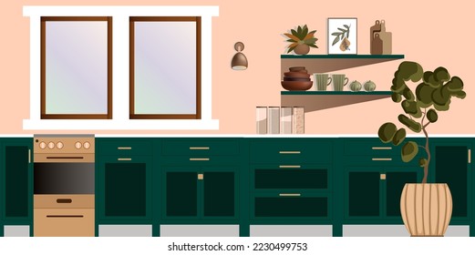 Kitchen, flat style. Green kitchen with stove, shelves, utensils and d cor.