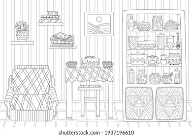 kitchen with a flowerpot and a stacks of books on shelves, a picture in a frame on wall, a cake, mugs on a table, a armchair and a cupboard with utensils against wallpaper for your coloring book