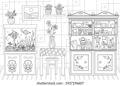 kitchen with flowers on tables and a shelf, a cupboard, a aquarium with fishes and seaweeds on a cabinet and a picture in frame on wall for your coloring book