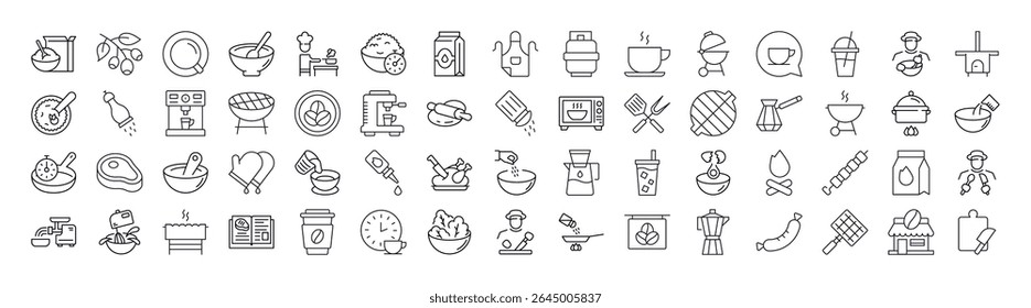 Cozinha, Comida, Conjunto De Ícones Barbeque Line. Outline Signs para Gráficos e Web Design, Apps, Anúncios, Vários Cartões 