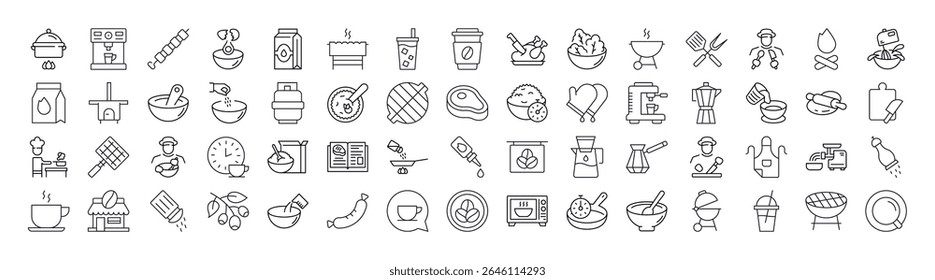 Cozinha, Comida, Barbeque Line Icon Collection. Outline Signs para Gráficos e Web Design, Apps, Anúncios, Vários Cartões 