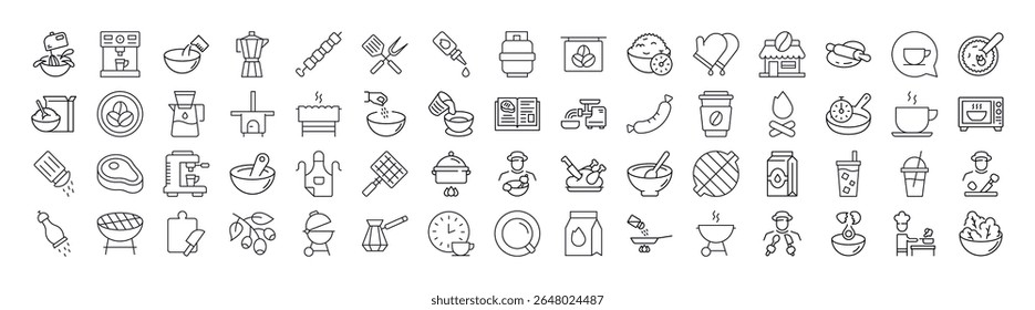 Cozinha, Comida, Barbeque Line Icon Pack. Outline Signs para Gráficos e Web Design, Apps, Anúncios, Vários Cartões 