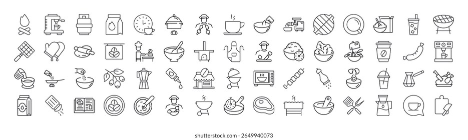 Cozinha, Comida, Conjunto De Ícones De Linha Fina Barbeque. Outline Signs para Gráficos e Web Design, Apps, Anúncios, Vários Cartões 