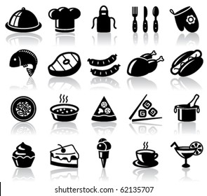 Kitchen and food black icons set