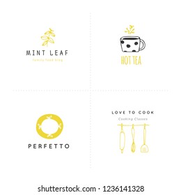 Kitchen and food colored set. Hand drawn vector logos. Isolated symbols for business branding and identity, for food blogs and websites, for grocery stores and cooking classes.