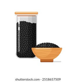 Envase de comida de cocina, frasco de vidrio y tazón de cerámica o madera con arroz negro. Tarro transparente plástico claro con la tapa para el bulto y los cereales, ilustración plana del Vector de la historieta aislada en el fondo blanco