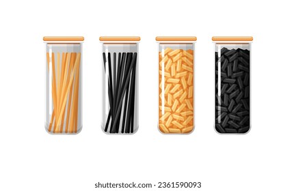 Kitchen food containers, glass jars with pasta, black bean penne and bucatinni. Clear plastic storage jars with lid for bulk, set of vector flat cartoon illustrations isolated on white background