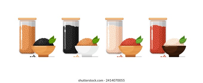 Kitchen food containers, glass jars and ceramic or wooden bowls with red, white, brown and black rice. Clear plastic jars with lid for bulk and cereals, set of vector flat cartoon illustrations