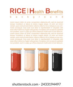 Kitchen food containers, glass jars with rice, clear plastic jars with lid for bulk and cereals. Information poster with space for text about health benefits of rice, vector cartoon illustration